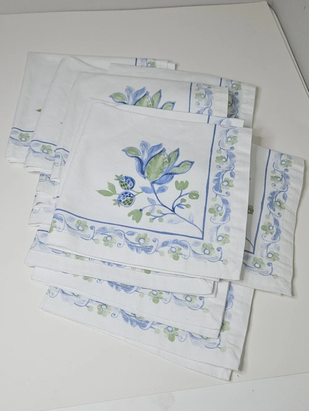 Williams Sonoma Painted Vine Napkins Blue Green Floral On Cotton, Set Of 12